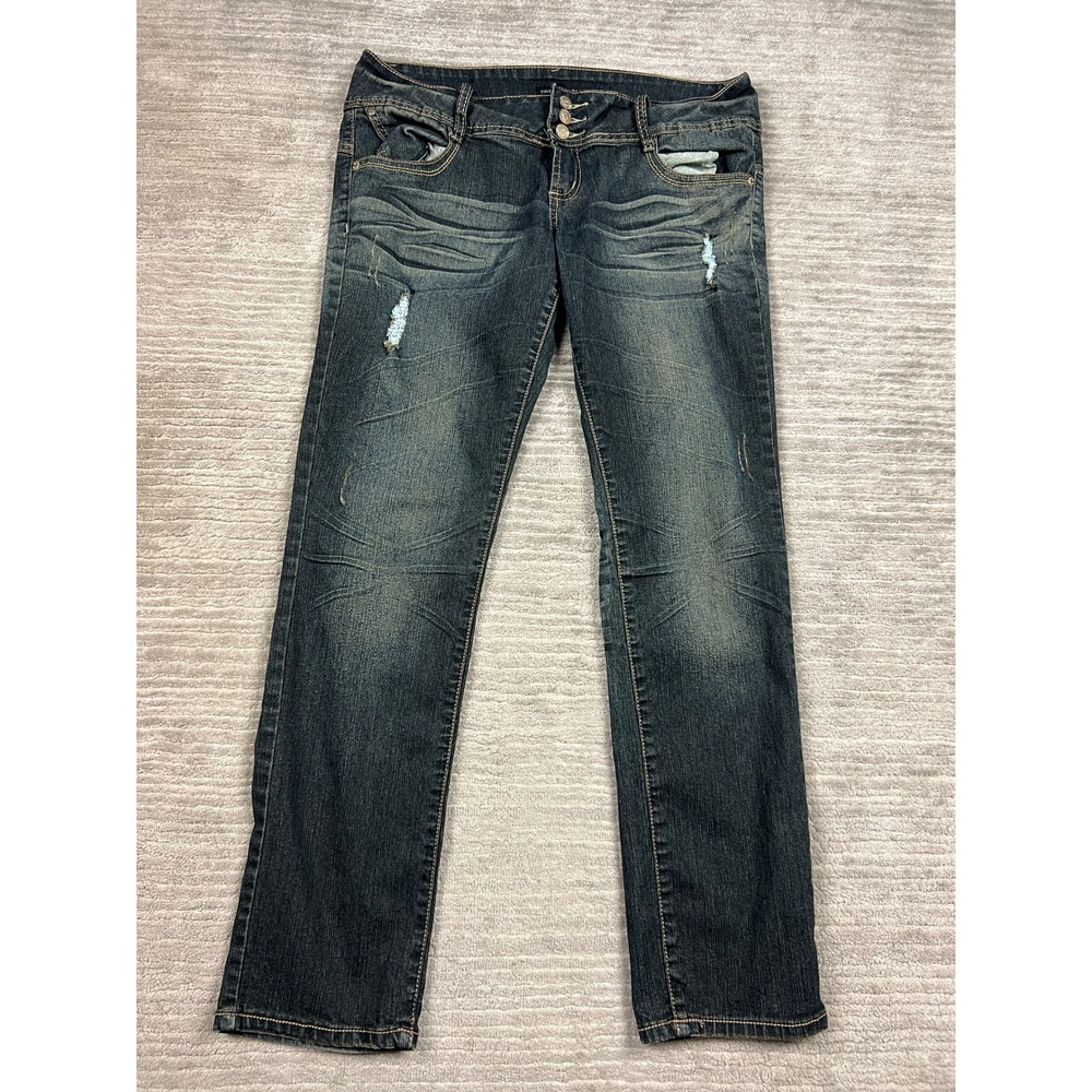 Rue21 Jeans Womens 13/14R Dark Wash Straight Leg Distressed Embroidered‎ Y2K